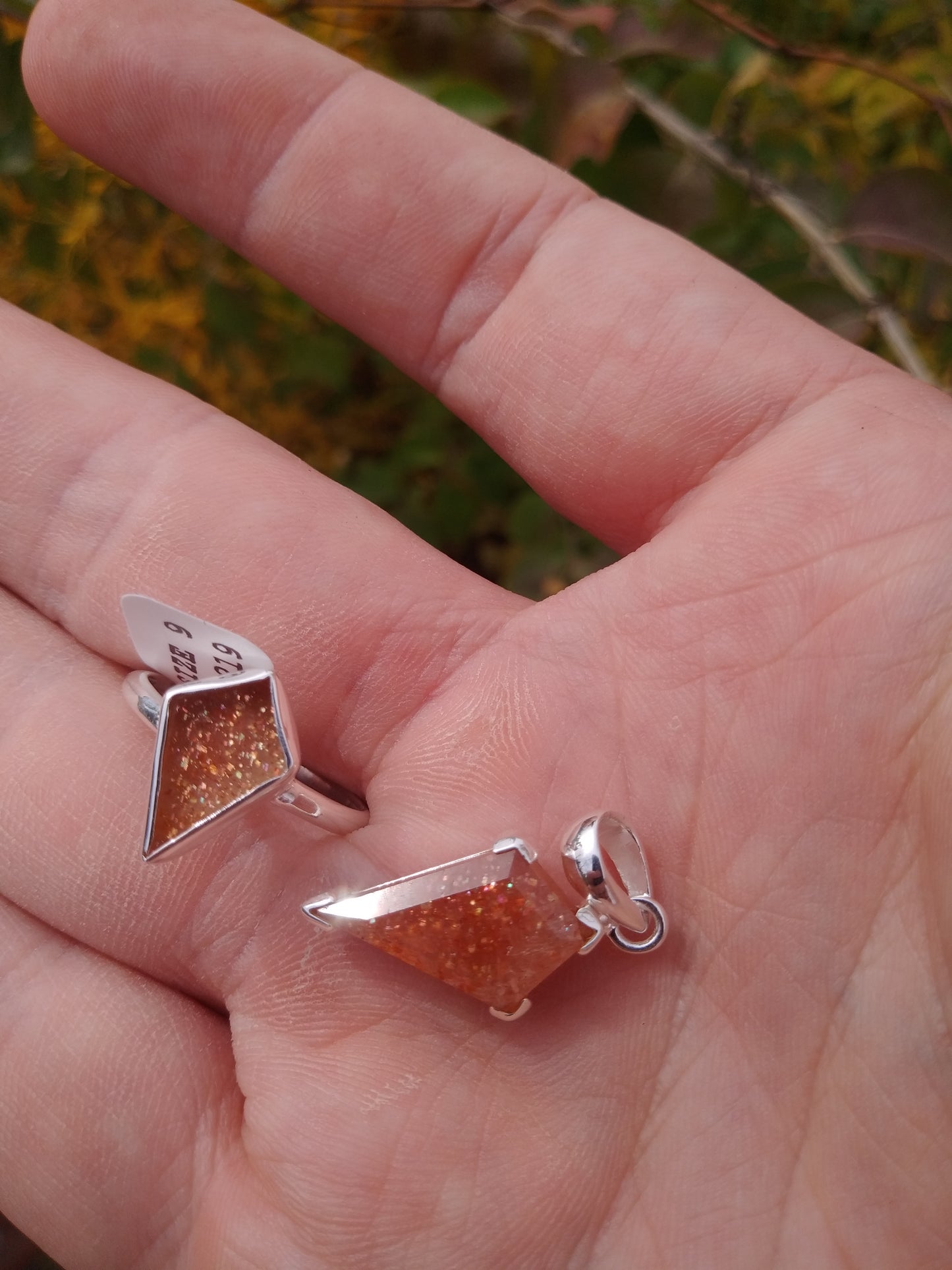 Kite Cut Norwegian Sunstone Pendant and Ring Set in Sterling Silver