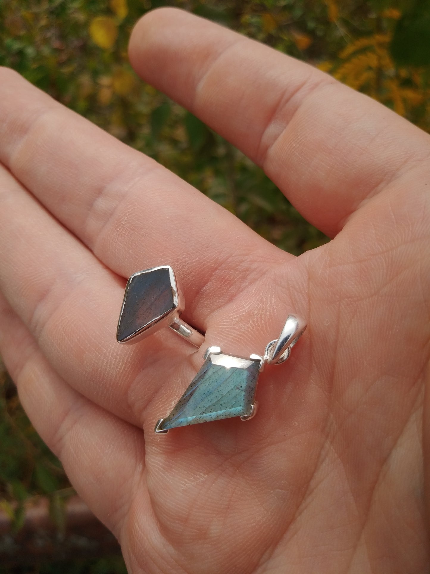 Kite Cut Canadian Labradorite Pendant and Ring Set in Sterling Silver