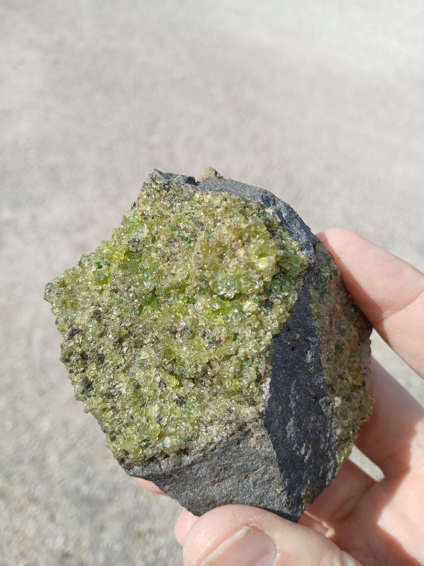 Bright Green Peridot on Basalt