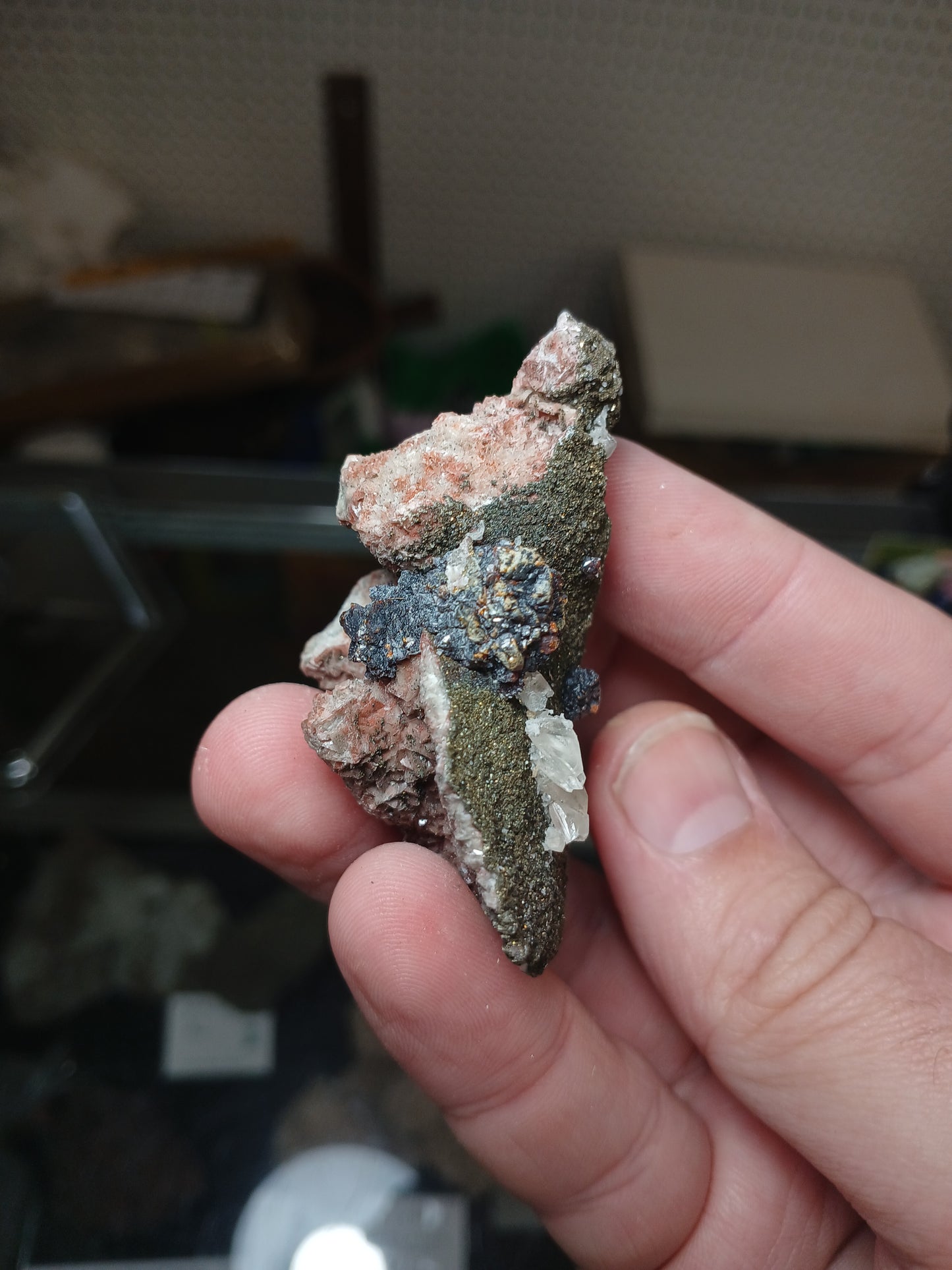 Sphalerite, Calcite, and Iridescent Marcasite on Dolomite