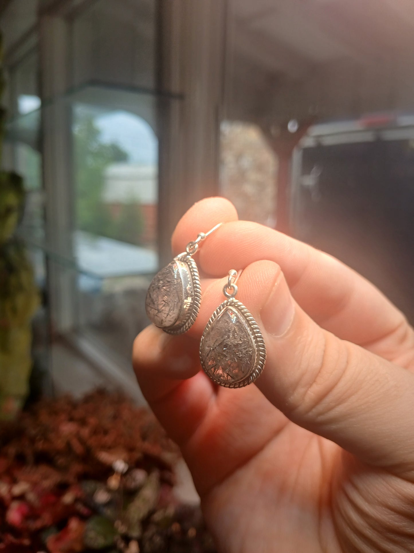 Black Rutilated Quartz in Sterling Silver Earrings