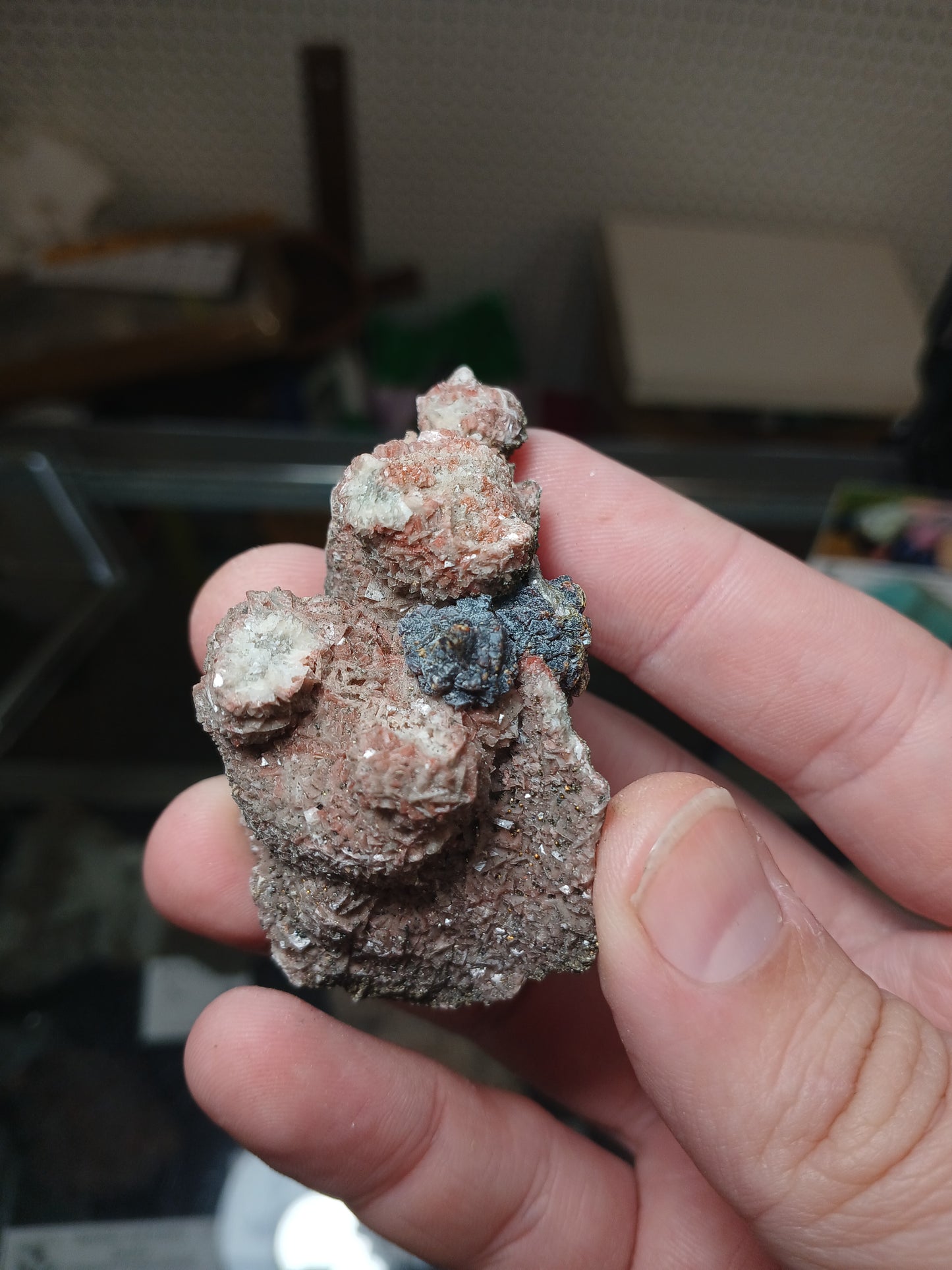 Sphalerite, Calcite, and Iridescent Marcasite on Dolomite