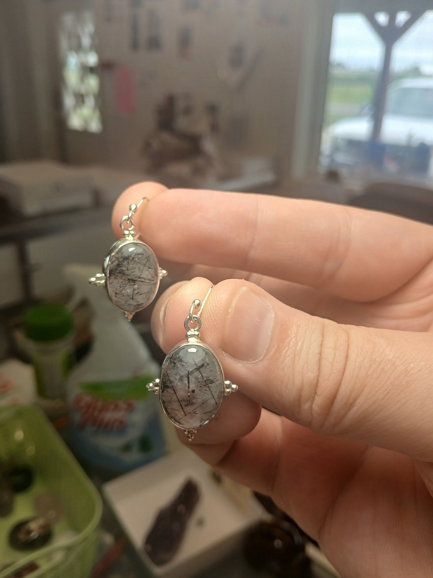 Black Rutilated Quartz in Sterling Silver Earrings