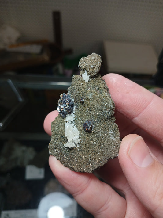 Sphalerite, Calcite, and Iridescent Marcasite on Dolomite